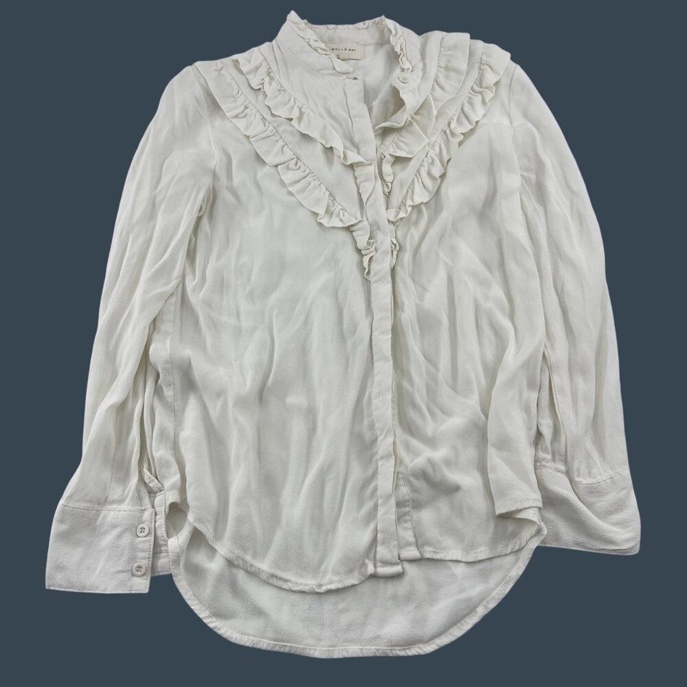 Mello Day White Ruffle Blouse Small Long Sleeve‎ Button Down Womens Top